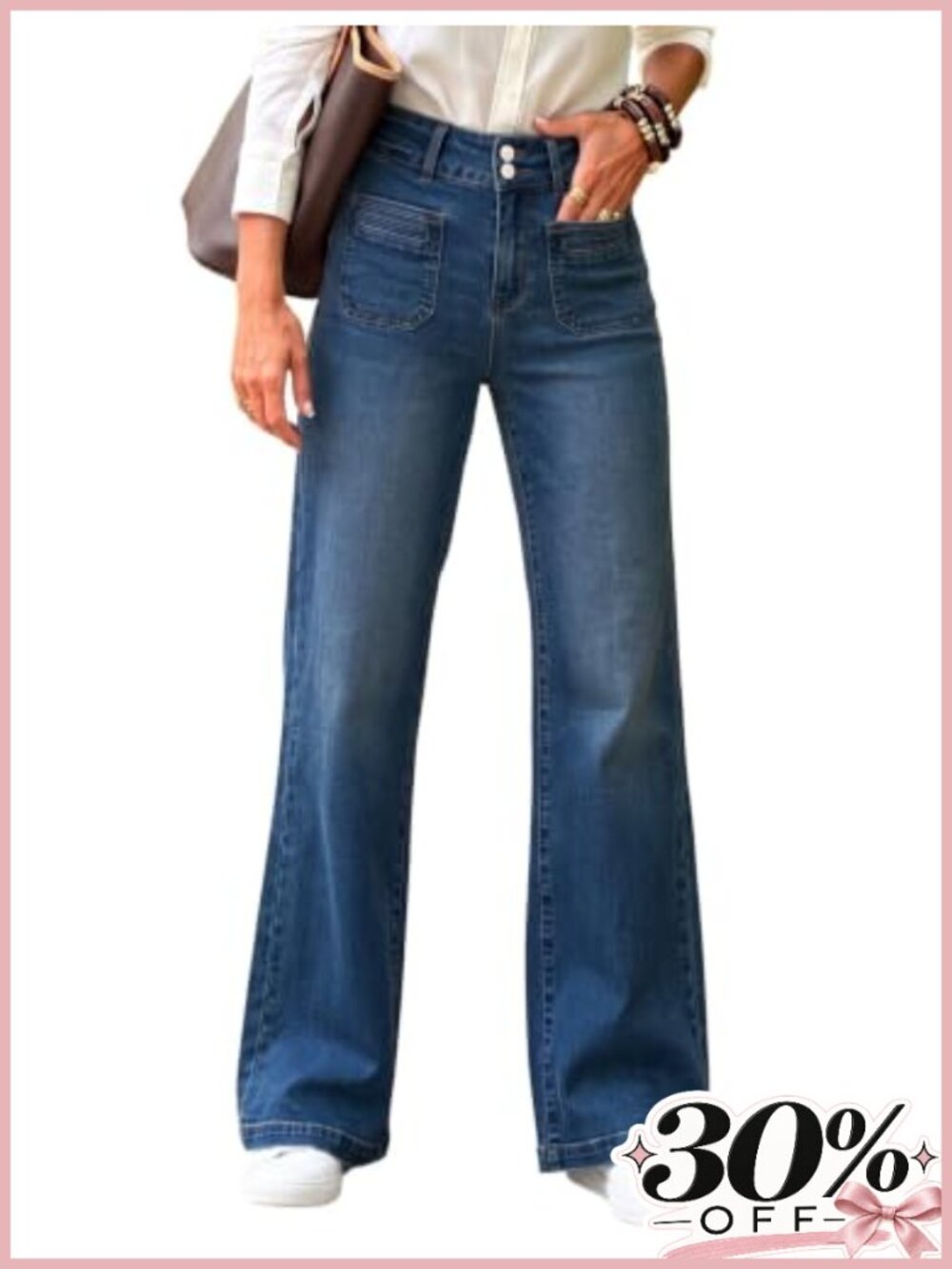 High Waisted Wide Leg Jeans Double Button Tummy Control Stretch Denim Pants